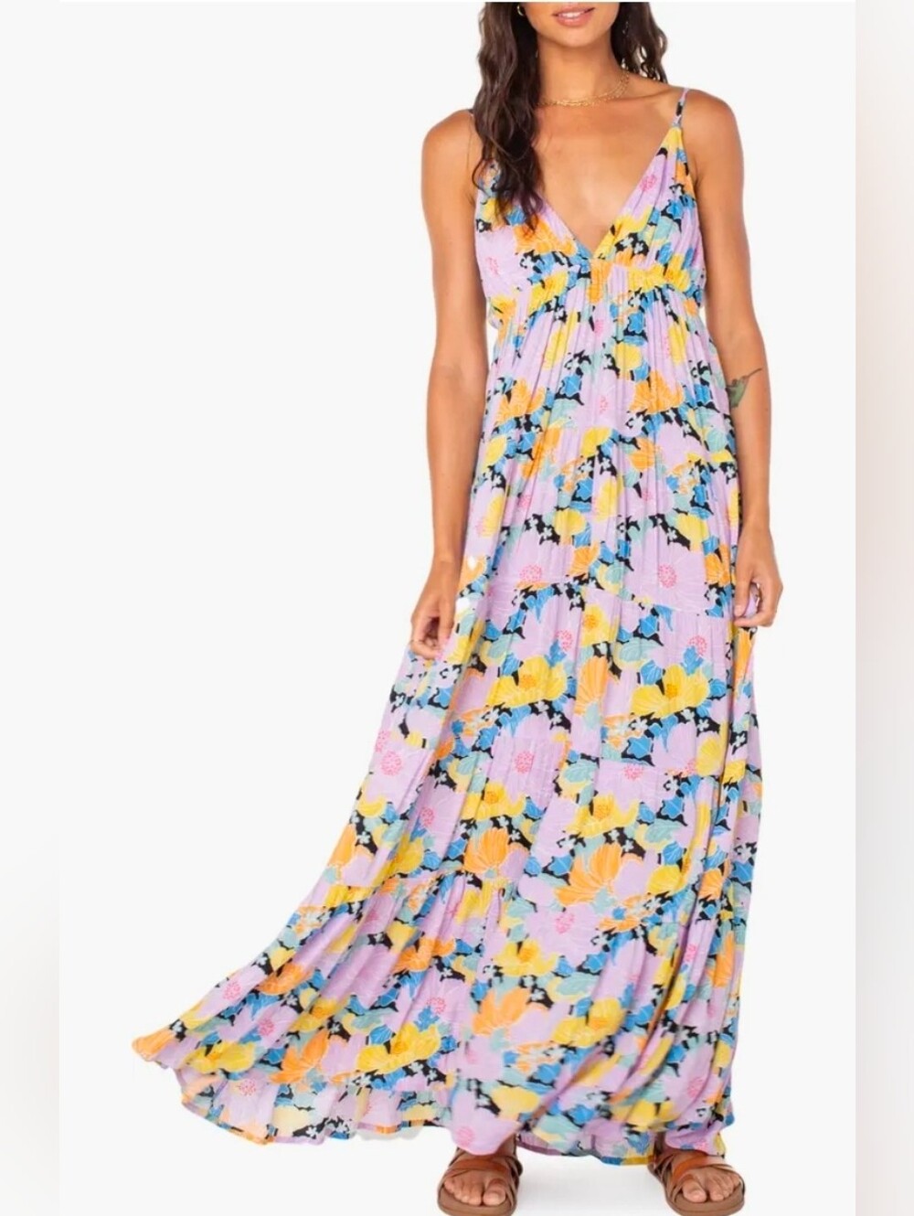 Roxy Lavender Floral Maxi Dress with Yellow & Blue Accents